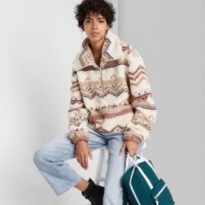 Wild Fable Aztec Sherpa Cropped 1/2 Zip Pullover Sweater Ski Cozy Cabincore | S